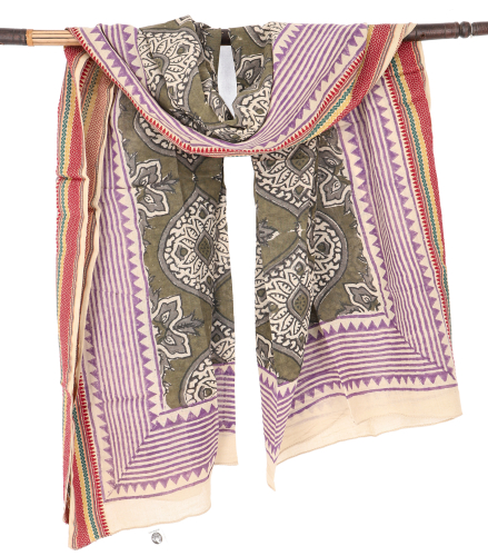 Lightweight pareo, sarong, hand-printed cotton scarf, lungi with woven border - olive/pink - 190x120 cm