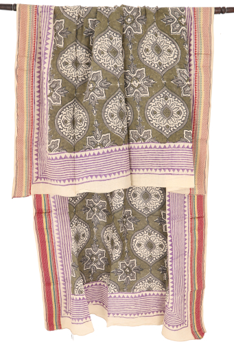 Leichter Pareo, Sarong, handbedrucktes Baumwolltuch, Lungi mit Webbord�re - olive/pink - 190x120 cm