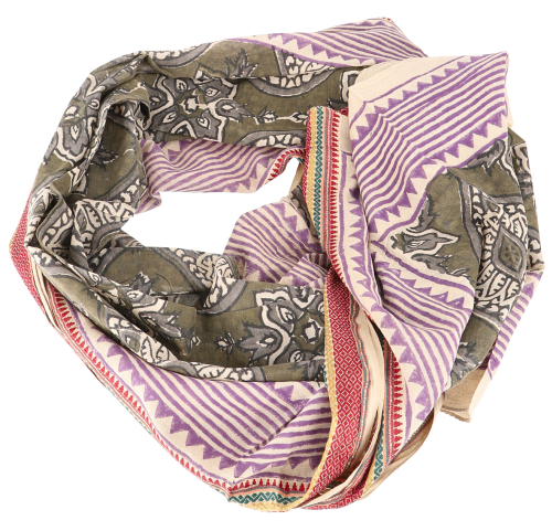 Leichter Pareo, Sarong, handbedrucktes Baumwolltuch, Lungi mit Webbord�re - olive/pink - 190x120 cm