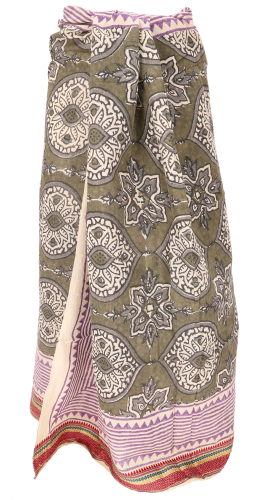 Leichter Pareo, Sarong, handbedrucktes Baumwolltuch, Lungi mit Webbord�re - olive/pink - 190x120 cm