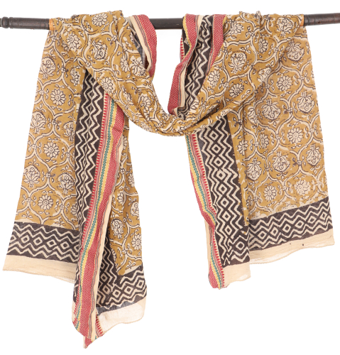 Lightweight pareo, sarong, hand-printed cotton scarf, lungi with woven border - mustard/brown - 190x120 cm