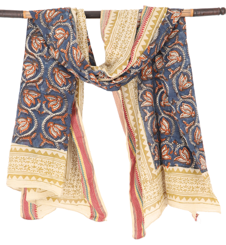 Lightweight pareo, sarong, hand-printed cotton scarf, lungi with woven border - blue/mustard - 190x120 cm