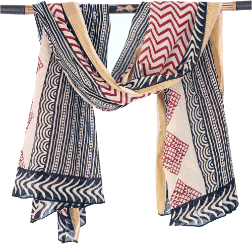 Lightweight pareo, sarong, hand-printed cotton scarf, lungi with woven border - red/black - 190x120 cm