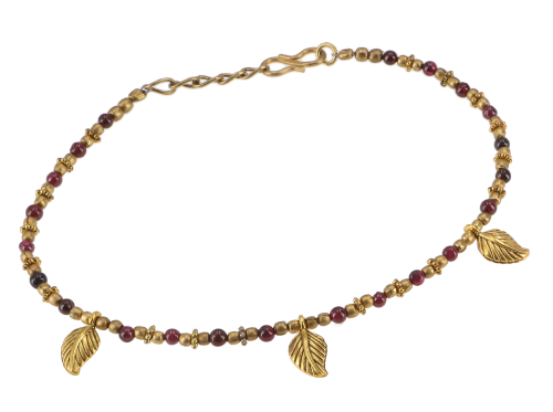 Indische Fukette mit kleinen Perlen, Boho Fuschmuck, Modeschmuck - gold/Granat - 26 cm