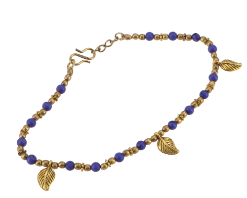 Indische Fukette mit kleinen Perlen, Boho Fuschmuck, Modeschmuck - gold/Lapislazulit - 26 cm