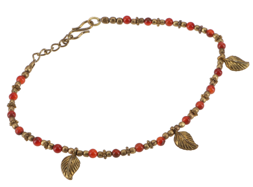 Indian anklet with small beads, boho foot jewelry, costume jewelry - gold/carnelian - 26 cm