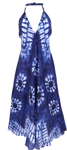 Boho Sommerkleid, Maxikleid mit Batik-Druck, Neckholder Strandkleid - blau