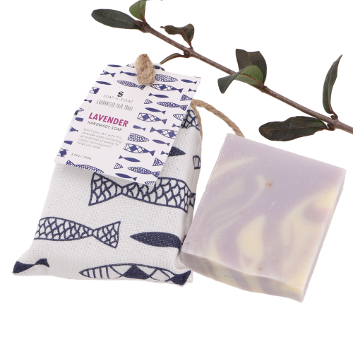 Handmade scented soap in a cotton bag, 100 g Fair Trade - Lavender - 2,5x8x5 cm 
