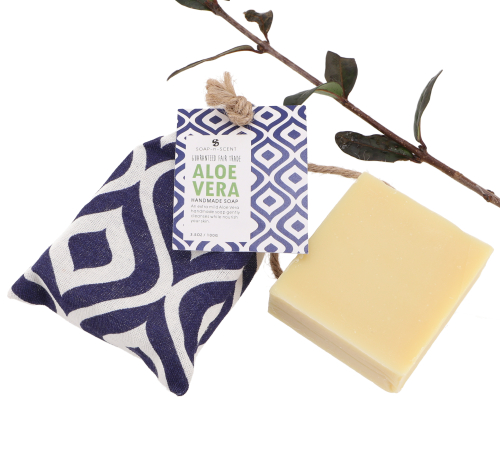 Handmade scented soap in a cotton bag, 100 g Fair Trade - Aloe vera - 2,5x8x5 cm 