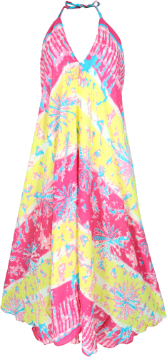 Boho Sommerkleid, Maxikleid mit Batik-Druck, Neckholder Strandkleid - pink