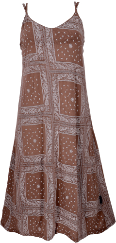 Midi dress with patchwork print, summer dress, strap dress - chocolate brown