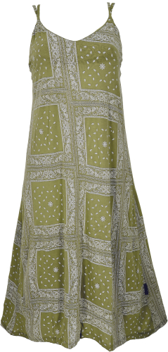 Midi dress with patchwork print, summer dress, strap dress - olive green