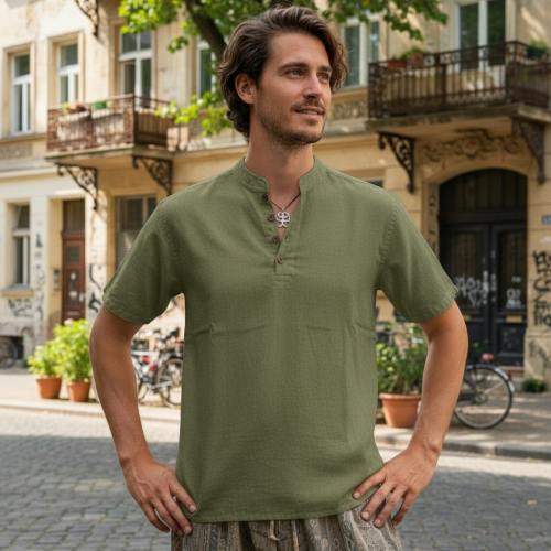 Yoga shirt, Goa slip-on shirt, short sleeve men`s shirt, cotton shirt - green