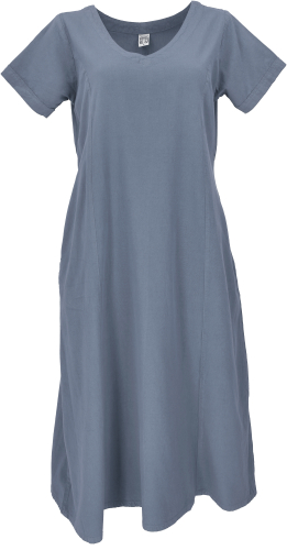 Weiches bequemes Baumwollkleid, Sommerkleid mit Taschen im Leinen-Look - taubenblau