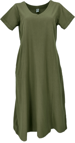 Weiches bequemes Baumwollkleid, Sommerkleid mit Taschen im Leinen-Look - olivgrn