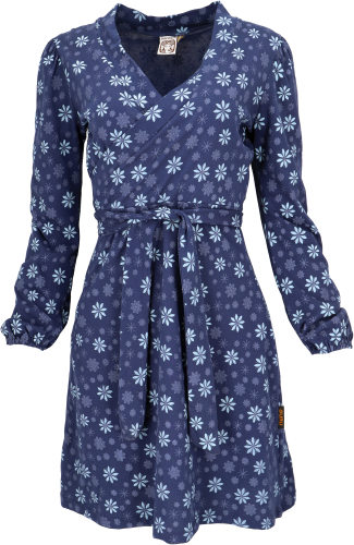 Wrap-look mini dress made of organic cotton, printed dress with long sleeves - blue