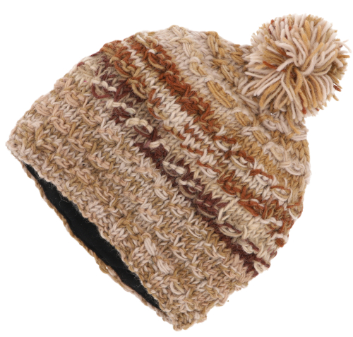 Hand-knitted wool hat, striped winter hat, bobble hat - brown