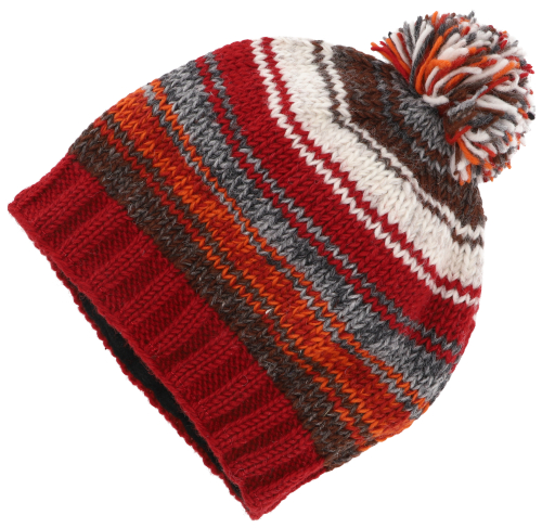 Hand-knitted wool hat, striped winter hat - red