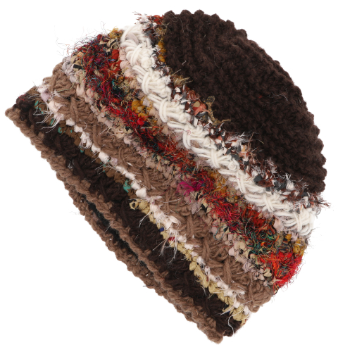 Hand-knitted wool hat, striped winter hat - brown
