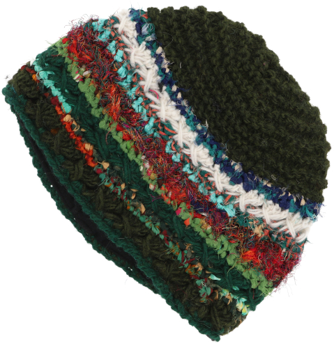 Hand-knitted wool hat, striped winter hat - dark green