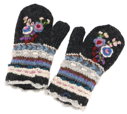 Wool gloves with floral embroidery, boho gloves, Fauster Nepal - anthracite