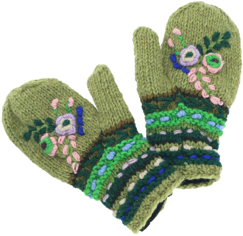 Wool gloves with floral embroidery, boho gloves, Fauster Nepal - green