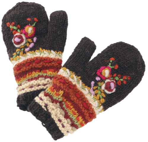 Wool gloves with floral embroidery, boho gloves, Fauster Nepal - dark brown