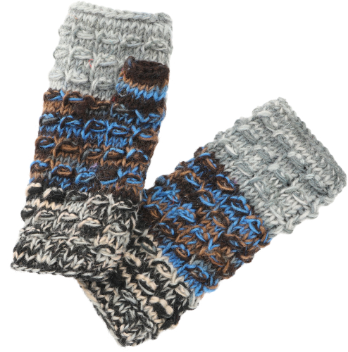 Handstulpen, gestrickte Wollstulpen aus Nepal - grau/blau