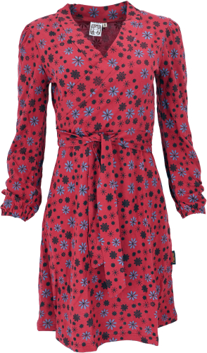 Wrap-look mini dress made of organic cotton, printed dress with long sleeves - red
