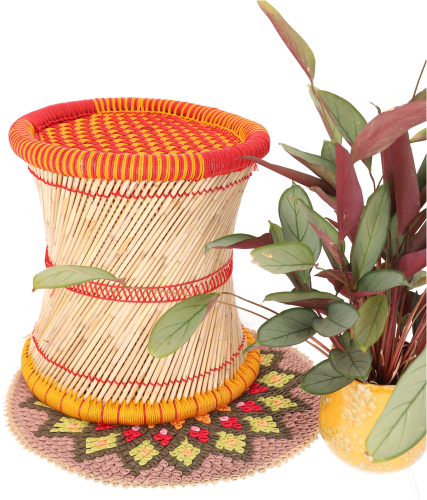 Large Indian wicker stool, bamboo stool, pouf, basket storage - red/yellow - 38x40x40 cm 