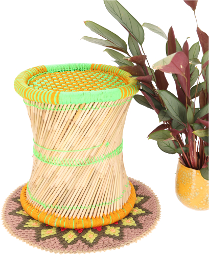 Large Indian wicker stool, bamboo stool, pouf, basket storage - green/orange - 38x40x40 cm 