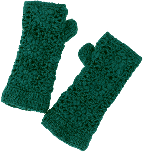 Crocheted hand warmers flower, arm warmers made of virgin wool, wrist warmers - dark green - 22 cm