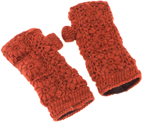 Crocheted hand warmers with flowers, new wool arm warmers, wrist warmers - rust orange - 22 cm