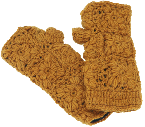 Crocheted hand warmers flower, arm warmers made of virgin wool, wrist warmers - mustard - 22 cm