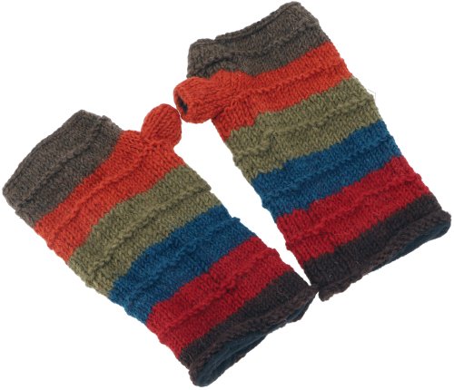 Ringed hand warmers from Nepal, hand-knitted wrist warmers made from virgin wool - olive green/colorful - 20 cm