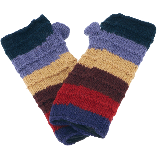 Ringed hand warmers from Nepal, hand-knitted wrist warmers made from virgin wool - blue/colorful - 20 cm
