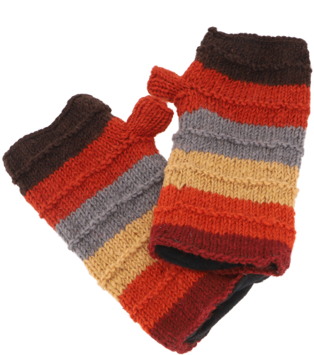 Ringed hand warmers from Nepal, hand-knitted wrist warmers made from virgin wool - rust orange/colorful - 20 cm
