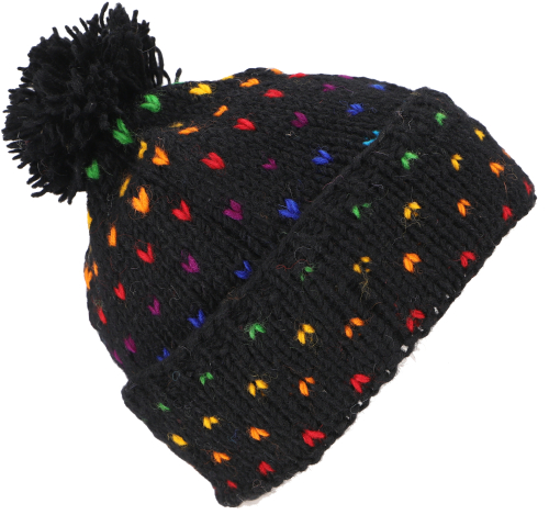 Beanie hat, bobble hat from Nepal, colorful wool hat, virgin wool - black/rainbow