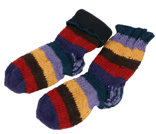 Hand-knitted lined sheep`s wool socks, striped house socks, hut socks, Nepal socks - blue/colorful