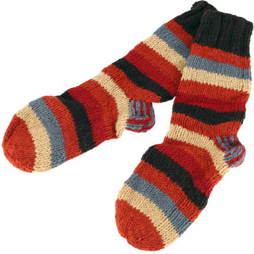 Hand-knitted lined sheep`s wool socks, striped house socks, hut socks, Nepal socks - rust orange/colorful