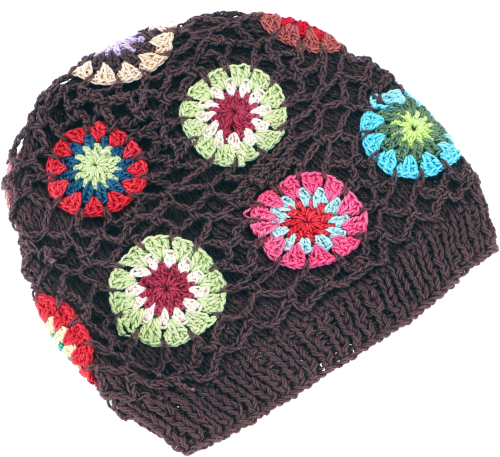 Colorful beanie, cotton crochet hat Granny squere - brown - 20 cm