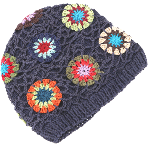 Colorful beanie, cotton crochet hat Granny squere - blue - 20 cm