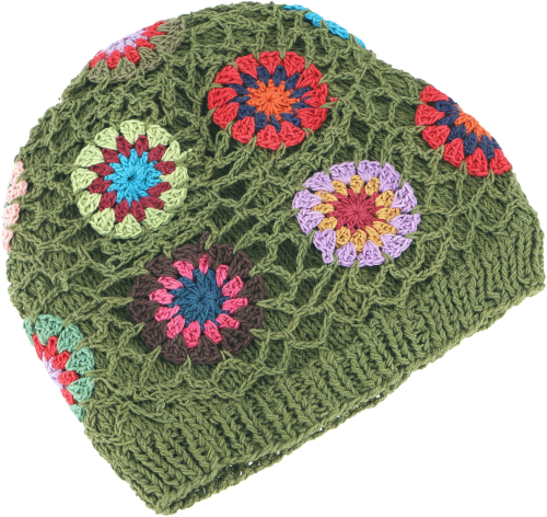 Colorful beanie, cotton crochet hat Granny squere - green - 20 cm