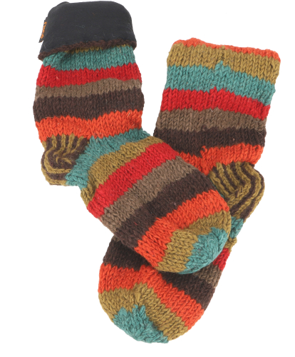 Hand-knitted lined sheep`s wool socks, colorful house socks, hut socks, Nepal socks - olive green/colorful