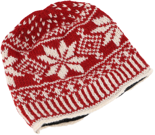 Wool hat from Nepal, hand-knitted hat, knitted hat, winter hat with Norwegian pattern - red/white