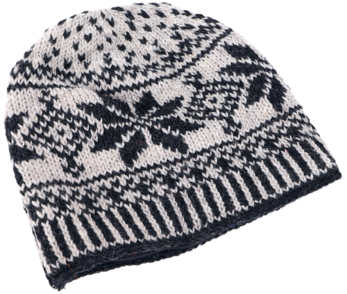 Wool hat from Nepal, hand-knitted hat, knitted hat, winter hat with Norwegian pattern - black/white