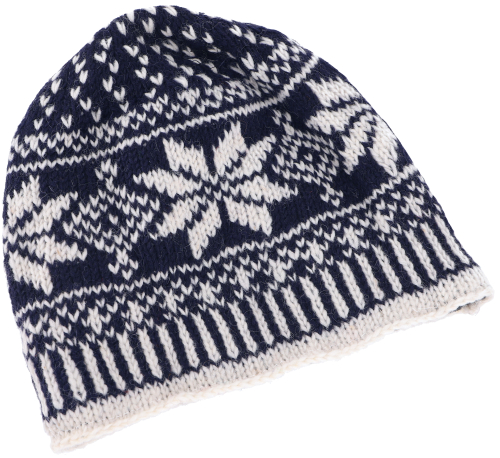 Wool hat from Nepal, hand-knitted hat, knitted hat, winter hat with Norwegian pattern - dark blue/white