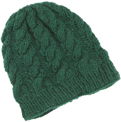 Hand-knitted wool hat with cable pattern, knitted hat made of virgin wool, winter hat - emerald green - 22 cm