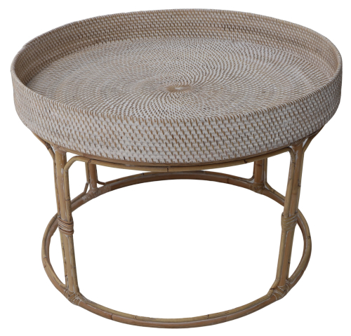 Woven round coffee table, side table, coffee table made of Ratan in 3 sizes - white