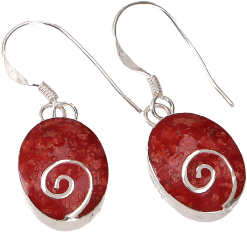 Oval ethno silver earrings with spiral - coral - 1,3x1 cm